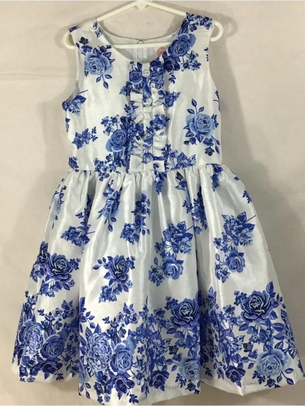 Girls Floral Ruffle-Front Petticoat Fancy   Blue & White Shantung Party‎ Dress